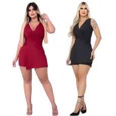 Kit 2 Macaquinhos Regata feminino liso justo canelado e poliéster decote em V moda feminina de verão
