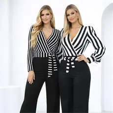 Kit 2 Macacão Manga Longa Slim Canelado e Elastano Calça Pantalona e Laço em Amarração Moda Casual Elegante Feminina