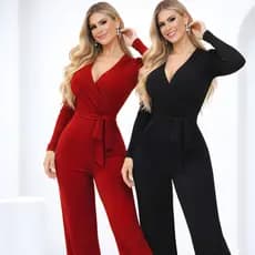 Kit 2 Macacão Manga Longa Chique Canelado e Elastano Decote em V Calça Pantalona Longa Moda Casual Moderna de Inverno