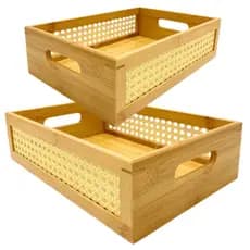 Kit 2 Bandejas Retangulares Multiuso de Bambu e Palha Indiana