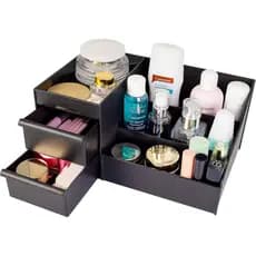 Organizador de Mesa Porta Maquiagem de Plástico 7 Nichos e 2 Gavetas Preto