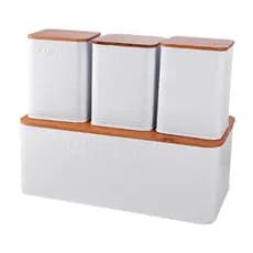 Conjunto Porta Pão Organizador com 3 Potes em Metal com Tampa de Bambu