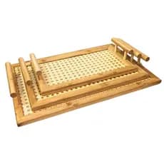 Jogo com 3 Bandejas Retangulares de Bambu, Acrílico e Palha Indiana com Alça