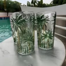 Jogo 6 Copos Altos Wolff 360ml Para Sucos Drinks Palm Tree Handpaint Mesa Posta Luxo