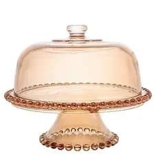 Prato Para Bolo Cristal Com Pé E Tampa Pearl Âmbar 31x25cm