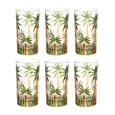 Jogo 6 Copos Altos Wolff 360 Ml Cristal Palm Tree Handpaint Suco Água Verão Palmeira