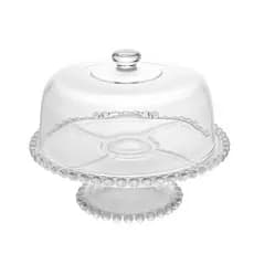 Prato Para Bolo Com Pé E Tampa Pearl Cristal 31x25cm Boleira Petisqueira Fruteira Versátil