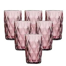 Jogo 6 Copos Rosa Diamond 350ml De Vidro Colorido Para Água Suco Resistente Mesa Posta Luxo