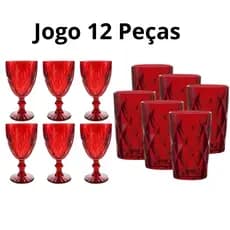 Jogo 12 peças Copos 350ml e Taças 340ml natal  Rubi Vermelho Diamond Agua suco Drinks Vinho Cerveja