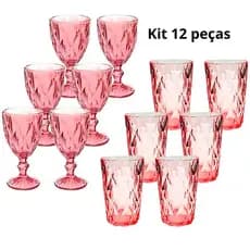 Conjunto 12 Peças Com 6 Taças 340ml E 6 Copos 350ml Diamond Rosa Moderno Elegante