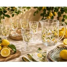 Jogo Jarra 1,55L + 6 Taças 240ml Limão Siciliano Lyor Hand Painting Cristal Elegante Para Mesa Posta