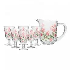 Jogo Jarra 1,3L + 6 Taças 240ml Lys Hand Painting Lyor Cristal Elegante Sofisticado Mesa Posta