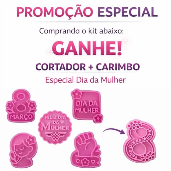 Kit Profissional 5 Cortadores + Carimbos Dia da Mulher Biscoito 3D | 5cm | DelicArt3D + 1 Carimbo Brinde