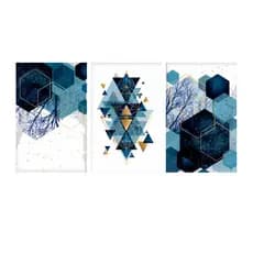 Kit 3 Quadros Decorativos Moderno Abstrato Formas Geométricas Azul e Dourado Sala Escritório Preimum