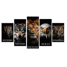 Kit 5 Quadros Decorativos Leão Motivacional Mosaico Sala Quarto Escritório