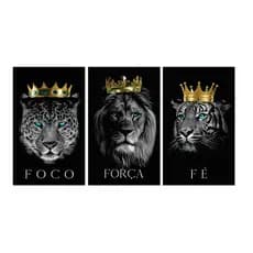 Kit 3 Quadros Decorativos Leão Tigre Frase Foco Força Fé Mosaico Sala Quarto Escritório