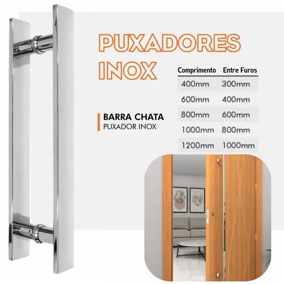 PUXADOR PORTA DUPLO BARRA CHATA INOX 304 POLIDO INTERNO EXTERNO PIVOTANTE MADEIRA VIDRO ALUMINIO
