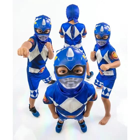 Fantasia Infantil Power Ranger Azul + Mascara Realista Imita Capacete