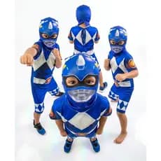 Fantasia Infantil Power Ranger Azul + Mascara Realista Imita Capacete