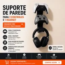 Suporte Controle Gamer Parede Para 2 Controles E Headset Fone