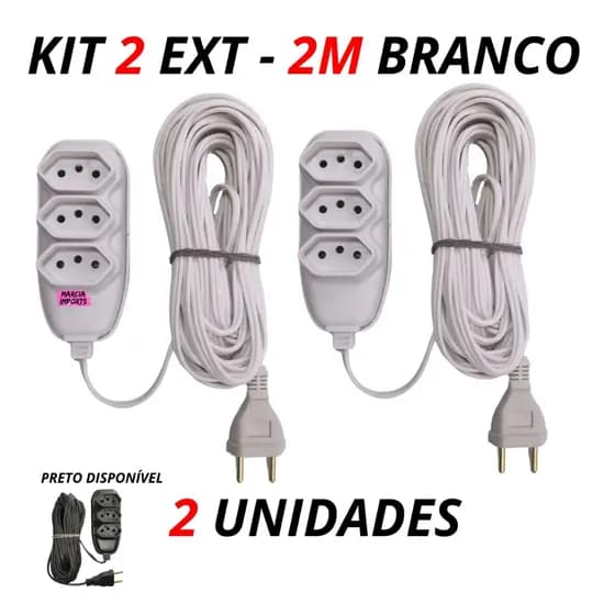 Extensão Elétrica 2 Metros Branco ou Preto Extensão de Energia com 3 Tomadas