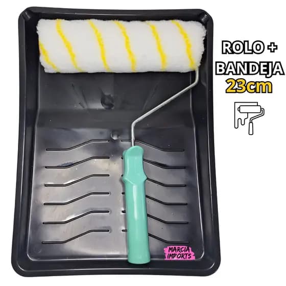 Conjunto P/ Pintura Rolo Lã de 23cm + Suporte e Bandeja Grande de Uso Profissional Ideal p Pintores
