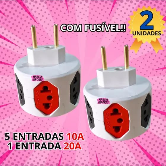 2 Adaptador Benjamin Plug Esfera Com Fusível 6Tomadas Colorido 5 entradas 10A e 1 20A Lançamento