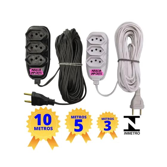 estensão eletrica 3, 5 E 10 METROS com tomadas com fio longo cm 3 tomadas para plug eletrico