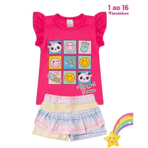 Conjunto infantil e juvenil menina VERÃO com BLUSA BABADO E SHORTS SAIA 1 ao 16