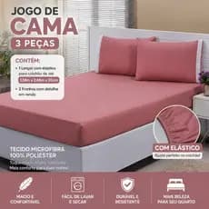 Jogo de Cama Casal 3 Peças com Elástico em Microfibra 100% Poliéster  Lençol com Elástico + 2 Fronhas Macio