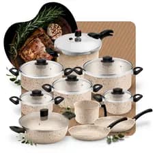 Mega Jogo de Panelas Grossas Antiaderente Baunilha Cream com Pressão 4,5l + Panela Wok Gourmet 10pc