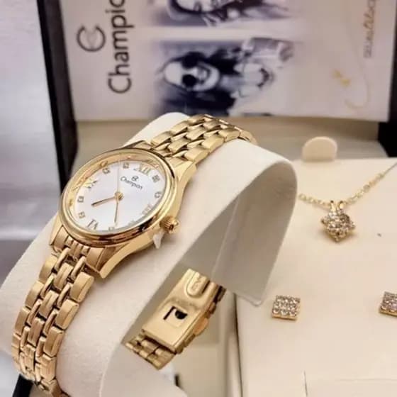 Relógio Feminino Champion Dourado Kit Colar Brincos Ponto de Luz Quadrados Original CH24900W