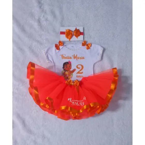 Fantasia Infantil Moana Baby Laranja RN E Infantil Conjunto Body Personalizado Saia e Laço de cabelo Infantil