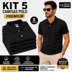 KIT 5 Camisas Polo Masculina Preta Lisa Premium Algodão Elastano Casual Uniforme Empresa Academia Trabalho
