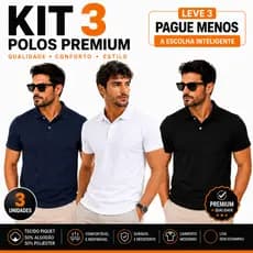 Camisa Polo Masculina kit 3 blusa preta branca azul algodão Piquet  Para Uniforme Bordar