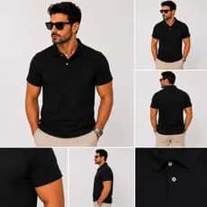 Camisa  Polo Masculina Preta Lisa Premium Piquet Casual Manga Curta Sem Estampa