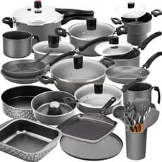 Jogo De Panelas Teflon Cinza 30pç + Formas + Cuscuzeira + Utensilios + Frigideira + Wok + Cuscuzeira