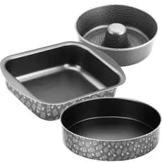 Kit 3 Assadeiras Antiaderentes c/Forma Cone Pudim + Assadeira Retangular + Forma Redonda Grandes