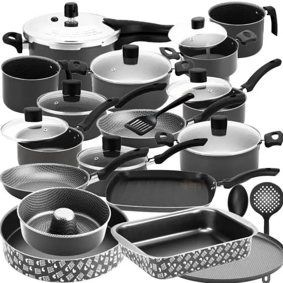 Kit De Panelas Antiaderentes 20Pç Cinza c/ Frigideira + Assadeiras + Bistequeira + Cuscuzeira