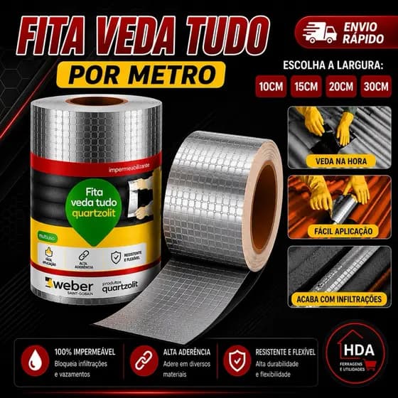 Fita Aluminio Vedação Veda Tudo Trincas Laje Telhado Telhas Calhas 10cm - 15cm - 20cm - Quartzolit