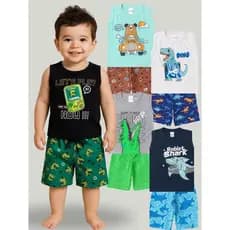 Conjunto Infantil Menino Shorts Camiseta Regata Kit 04 Pecas Algodão Confortável Verão