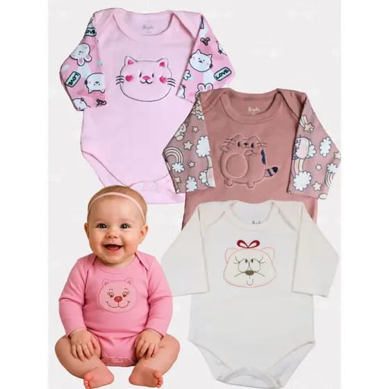Kit 3 Body Manga Longa Bordado Bebê Menino Menina 100% Algodão Suedine Confort
