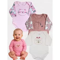 Kit 3 Body Manga Longa Bordado Bebê Menino Menina 100% Algodão Suedine Confort