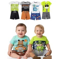 Kit 02 Conjunto Bebê Menino Shorts Tactel e Camiseta Manga Curta Algodão Estampada Verão Calor