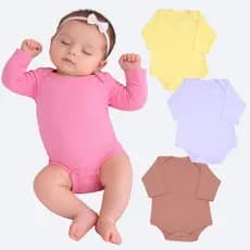 Kit 3 Body Manga Longa Liso Bebê Menina Menino 100% Algodão RN ao G Suedine Confortável