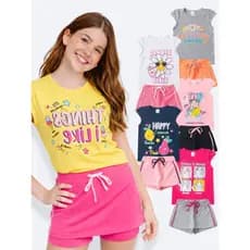 Conjunto Infantil Blusinha Moda Verão Short Saia Leve Colorido