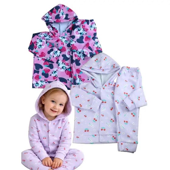 Kit 2 Conjuntos Inverno Soft Com Touca Casaco e Calça Quentinho 4 Peças P ao 03 Roupa Inverno Quentinho