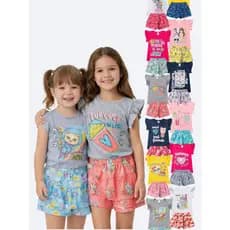 Conjunto Infantil Feminino Shorts Saia Babado Camiseta Com Glitter Confortável Kids Colorido