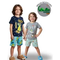 Kit 2  Pijamas Infantis Menino Manga Curta Algodão 4-14 Camiseta e Shorts Brilha no Escuro