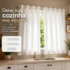Cortina Cozinha Janela 2,00m x 1,20m Voil Branco com Forro Duplo Ilhós para Varão